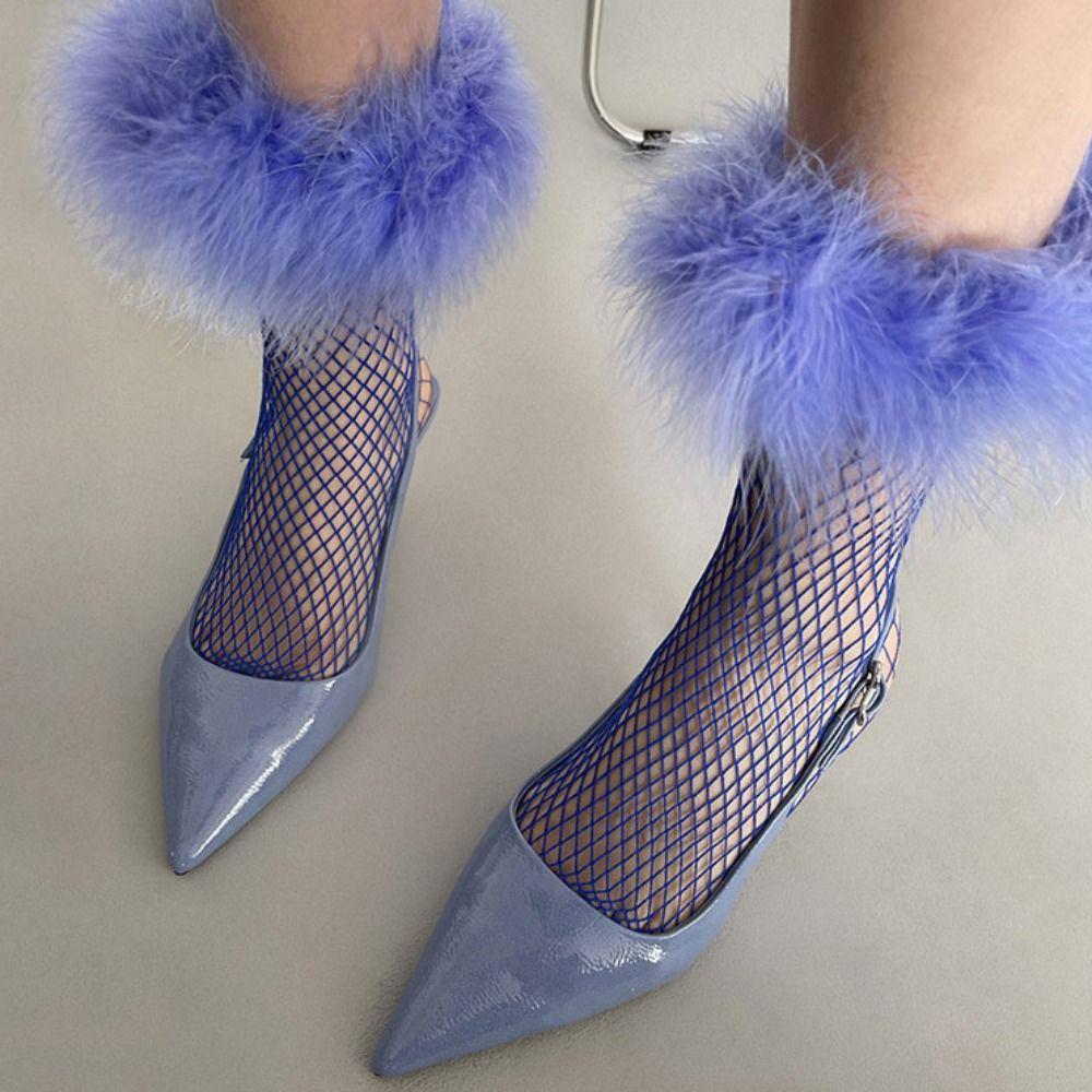 Grid Hollow Out Socks Bright Color Socks Women Y2K Feather Fishnet Stockings  Music Festival