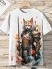 Japanese Cat Pattern T-Shirt For Men Warrior Animal 3D Print Tee Shirts Summer Casual O-Neck Short Sleeve Tees Street Loose Tops