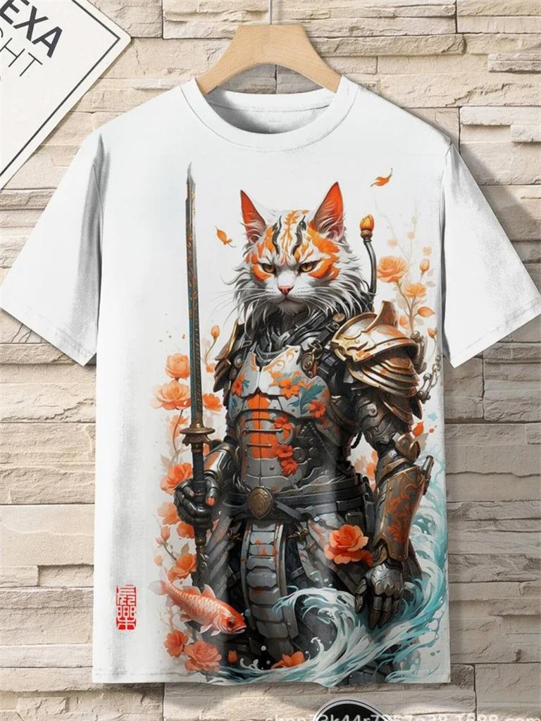 Japanese Cat Pattern T-Shirt For Men Warrior Animal 3D Print Tee Shirts Summer Casual O-Neck Short Sleeve Tees Street Loose Tops