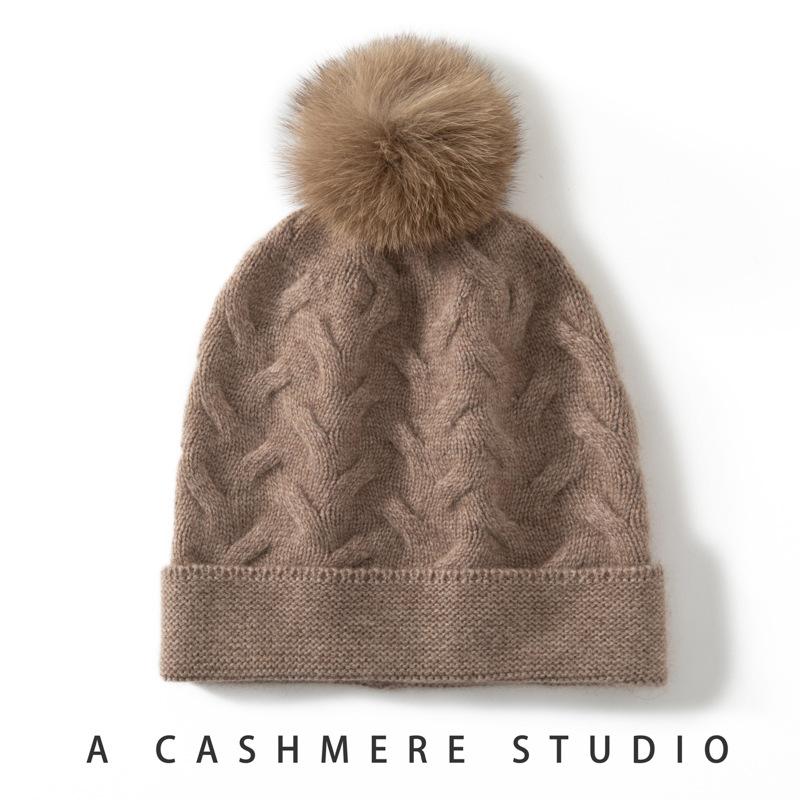 Cashmere hat female fox hairball autumn and winter warm wool hat tide knitted hat ear protector