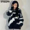 Gothic Women's Sweater Mohair Black and White Mosaic Knitted Pullover Loose and Soft Jumper High Street Autumn Winter Casual Top