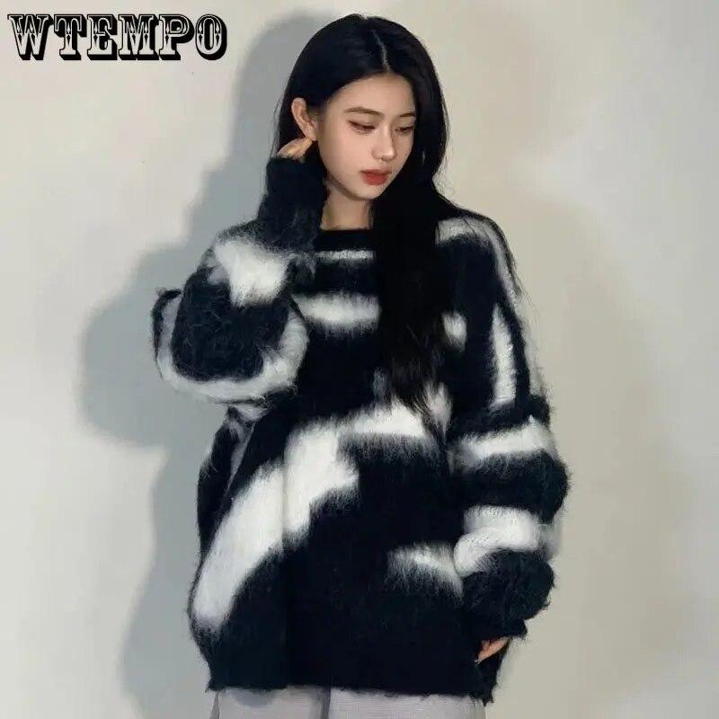 Gothic Women's Sweater Mohair Black and White Mosaic Knitted Pullover Loose and Soft Jumper High Street Autumn Winter Casual Top