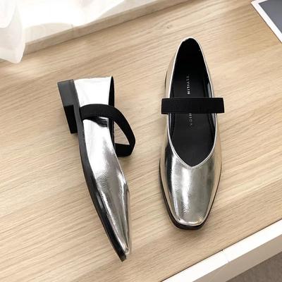 Женские туфли-лодочки на низком каблуке, элегантные женские туфли на каблуке с квадратным носком, новые серебристые, массивные, дизайнерские, для вечеринок, эластичные, по акции, низкие