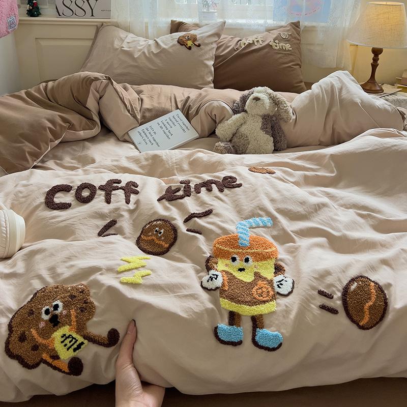 Cartoon Animal Embroidery Bedding Set For Adults Kids Cute Flat Fitted Sheet With Pillowcases Washed Cotton Colorful Full Size
