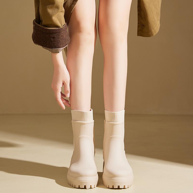 Сапоги из непромокаемой ткани женские, всесезонные, модные, для отдыха на открытом воздухе, средней высоты, водонепроницаемые, нескользящие, резиновые, модные, с хлопковым покрытием