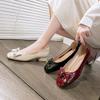 French High Heels Thick Heel Square Head Grandma Shoes Spring 2025 New Women's Shoes Red Bow Low Heel Single Shoes
