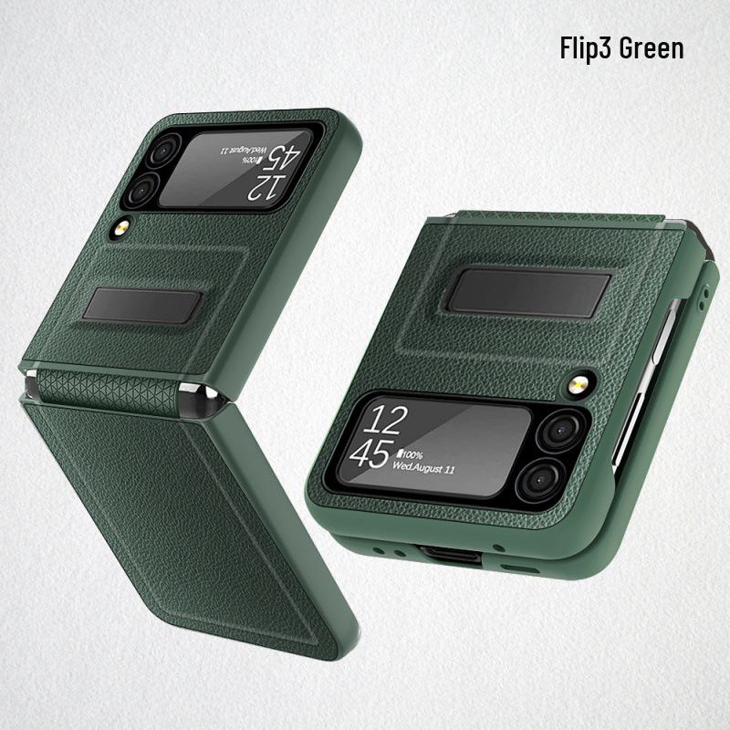 Samsung Z Flip6 Folding Screen Protective Case with Hinge and Bracket, Litchi Leather Mobile Phone Cover.