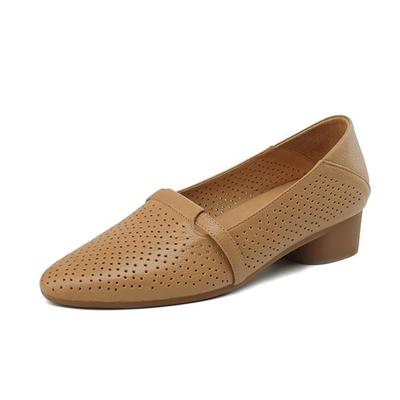 Туфли-лодочки из овчины весна-лето размер 41 на толстом низком каблуке женские с круглым носком и полым украшением дышащие без застежек