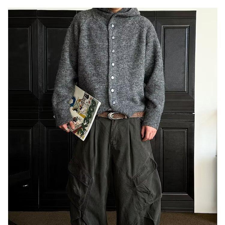 Men's Retro Hooded Knit Cardigan Sweater - Old Money Style, Cleanfit, Relaxed Short Jacket