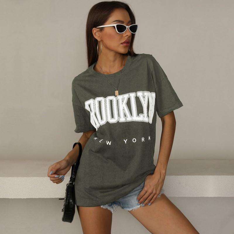 YYFS Женские модные повседневные свободные футболки и топы с короткими рукавами и круглым вырезом с буквенным принтом