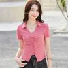 Плиссированный кардиган на пуговицах с лацканами, милый повседневный высококачественный женский топ с короткими рукавами, тонкий эластичный хлопковый топ в корейском стиле