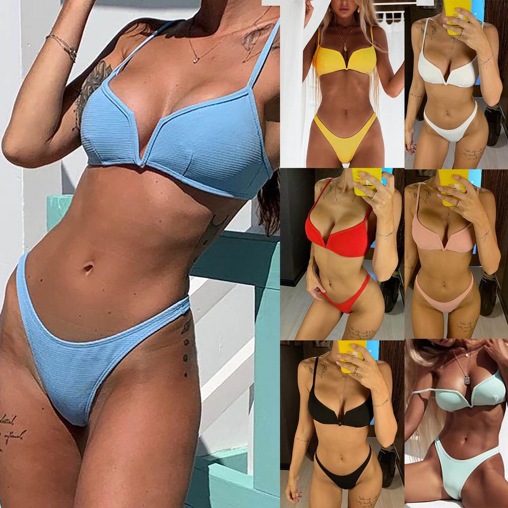 Женское модное однотонное пляжное бикини с разрезом и V-образным вырезом (2 комплекта с накладками на грудь без стального бюстгальтера)