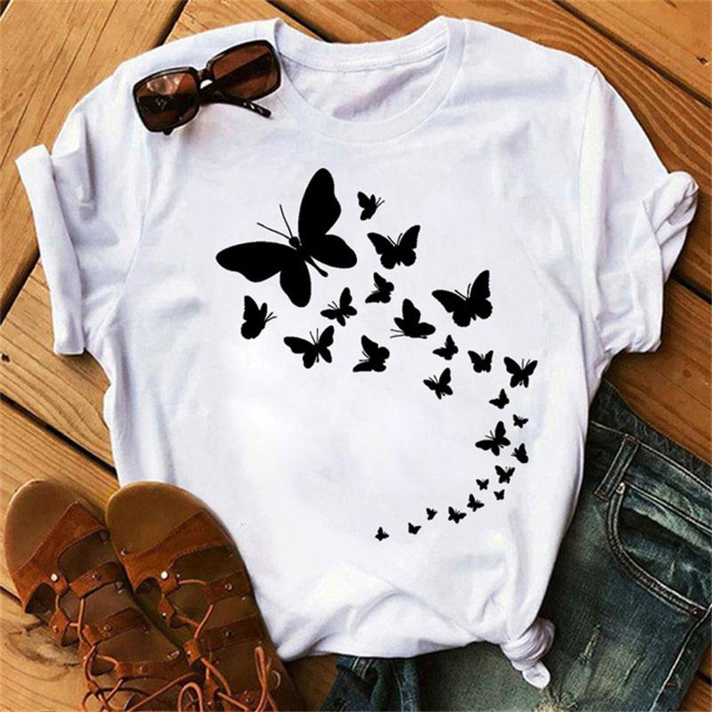Maycaur Woman Star Moon Print Harajuku Летние футболки Повседневная футболка с круглым вырезом и коротким рукавом Женская черная футболка Прямая поставка