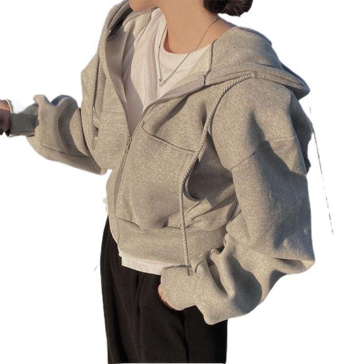 Korean Vintage Women Oversized Zip Up Hoodie Jacket Long Sleeve Harajuku Fashion Solid Color Sweatshirt Autumn Hooded