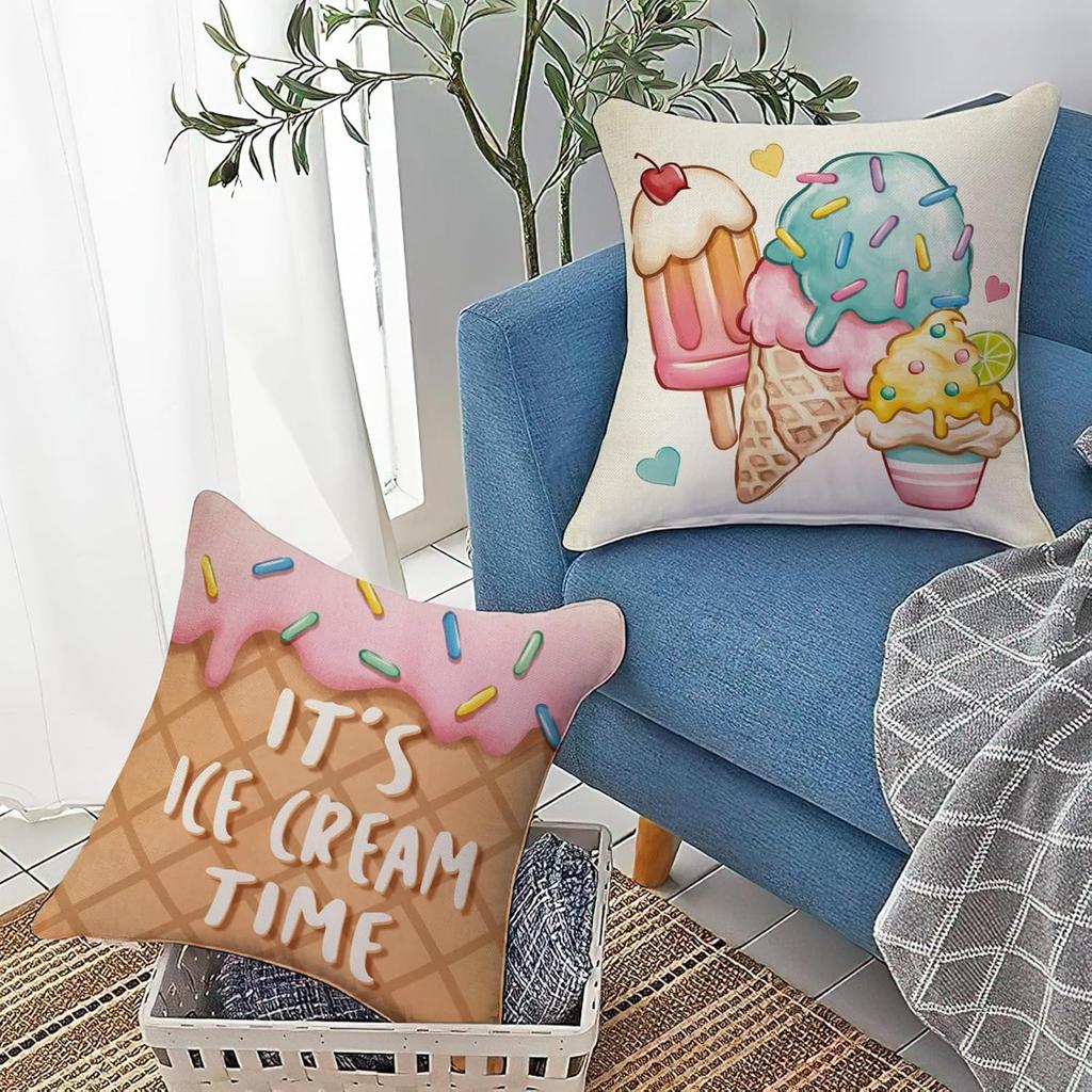Summer It'S Ice Cream Time Decorative Throw Pillow Covers 18 X 18 Set Of 4, Life Is Sweet Waffle Truck Porch Patio Pillowcase