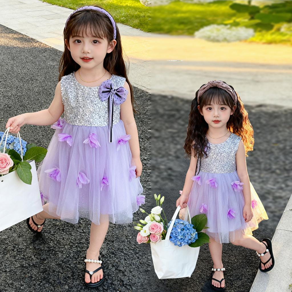 Sweet sequined mesh princess dress for girls, 2026 summer new item, sleeveless and stylish dress for baby girls