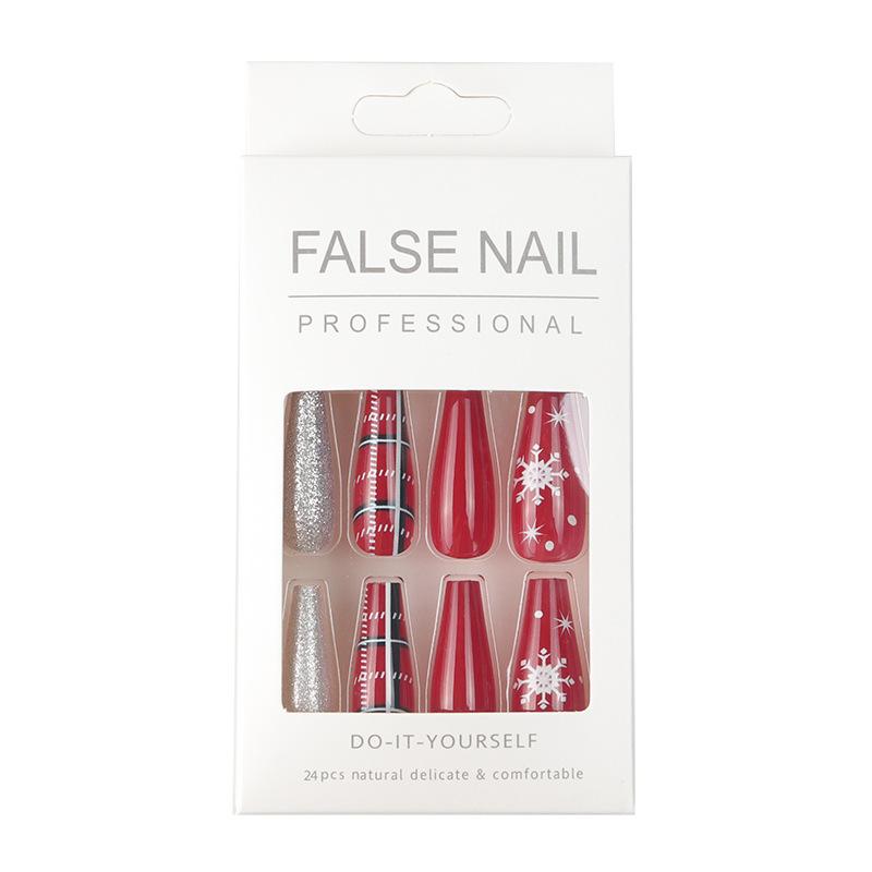 Зимние рождественские накладные ногти в виде снежинок, большая красная праздничная серебряная луковица, розовая длинная балетная накладная ногти