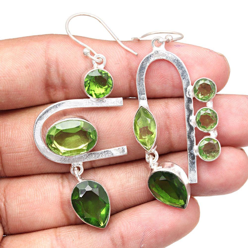 Peridot Quartz Gemstone Handmade Gift For Her Silver Jewelry Earrings 1.5''