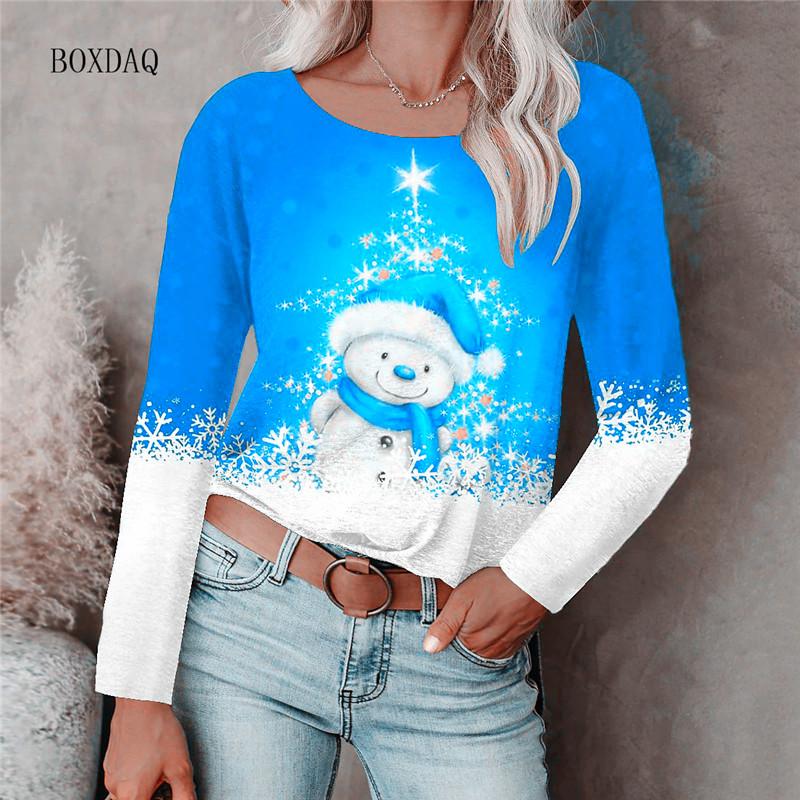 Рождественский стиль женские футболки с длинным рукавом осень-зима уличный 3D рождественский снеговик принт женские футболки 6XL большой размер повседневные топы