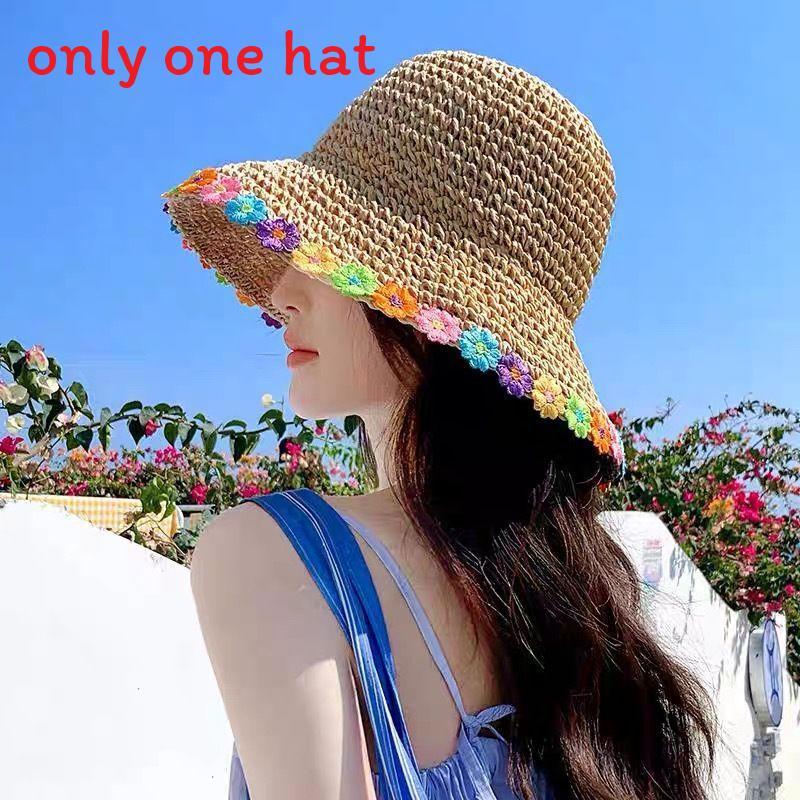 Floral Pattern Wide Brim Straw Hat With Adjustable Fit For Summer Outdoor Wear
