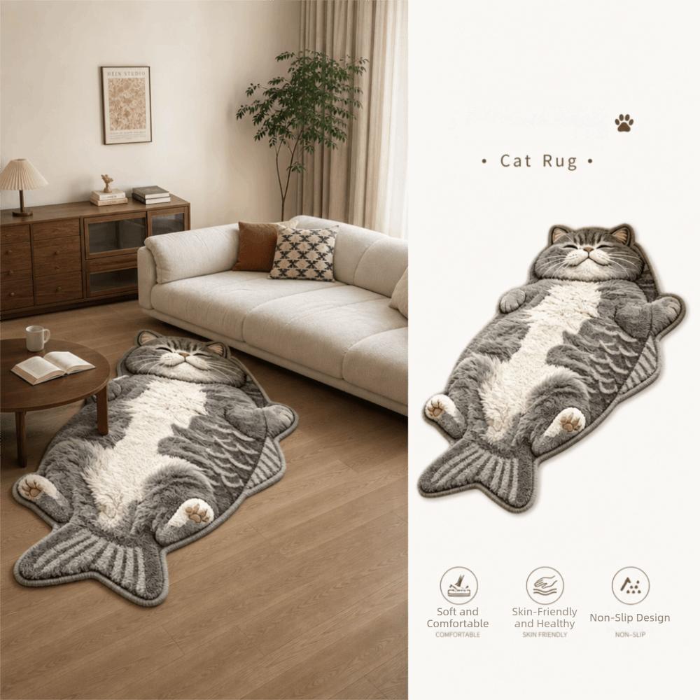 Easy to Clean Fish-Shaped Area Rug Non-Slip Cartoon Cat Carpet Funny Home Decor Carpet Bedrooms