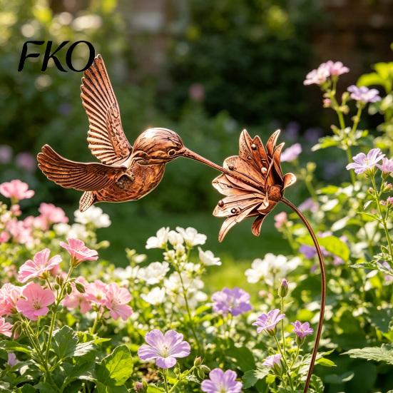 Weatherproof Metal Yard Inserts Wrought Iron Hummingbird Flower Garden Stake, Decorative Art, Rust Resistant Lawn Ornaments Anti-Rust Decor