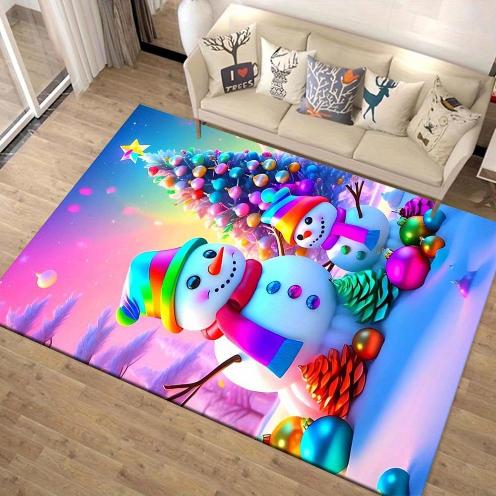 1pc Christmas Themed Rug, Colorful Snowman and Christmas Tree Print, Bedside Carpet, Non slip Laundry Room Mat, Machine Washable Water Absor