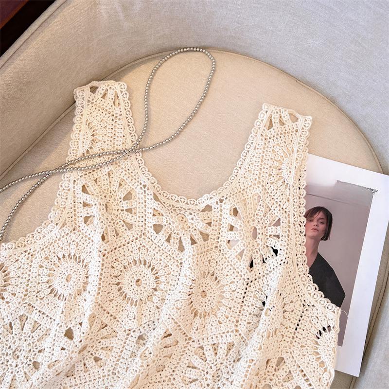 DIMANAF 2025 Новая футболка женская без рукавов вязаный кружевной жилет с круглым вырезом ажурный летний стиль базовые топы футболки свободная одежда
