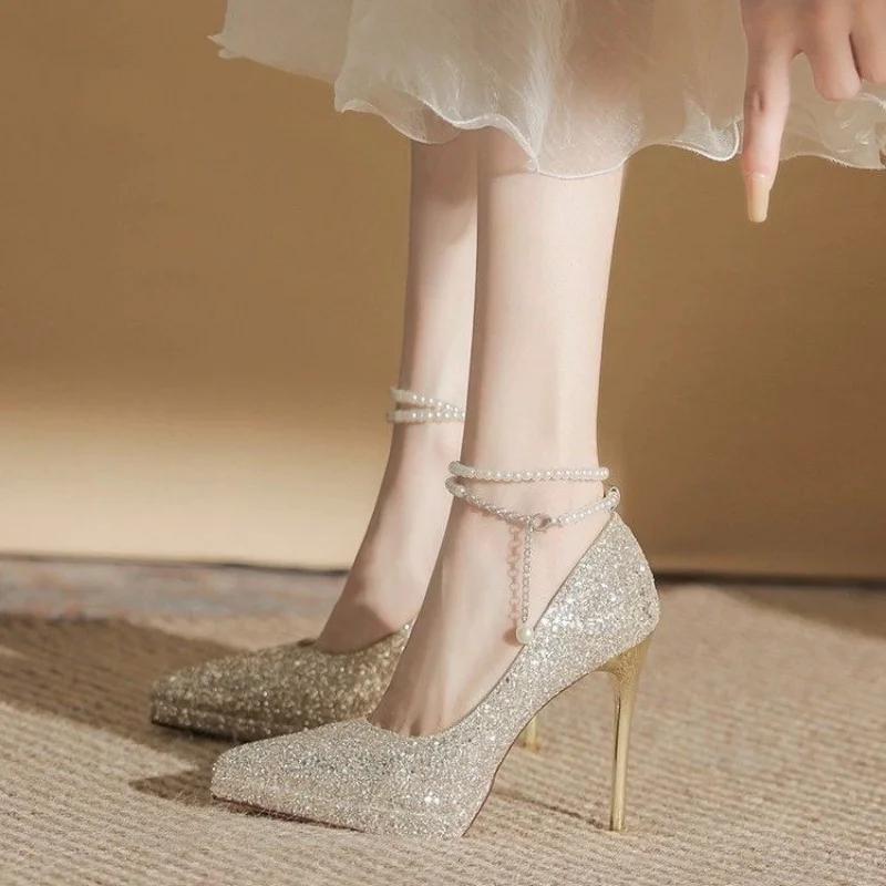 Fashion Women New Wedding Crystal Sequins Pumps Women Party Wedding Bling Glitter High Heels Shoes Ladies High Heels Pearl Chains Shoes