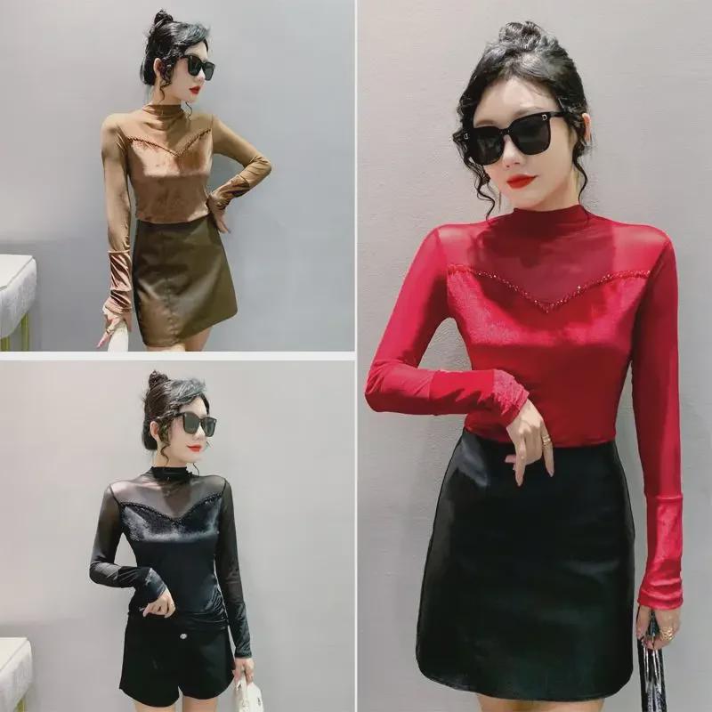 Осенняя приталенная футболка с бисерной лоскутной отделкой, полувысоким воротником и длинными рукавами для женщин