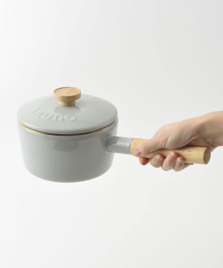 BRUNO Enamel 16cm Saucepan with Lid, Natural Wood Grain, Greige, Compatible with Induction Cooking, Direct Heat, and Gas, Collaboration with Fuji