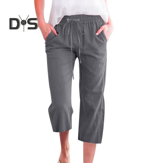 Женские летние брюки, спортивные штаны, однотонные, прямые, с мягкой эластичной резинкой на талии, брюки до середины икры, укороченные брюки