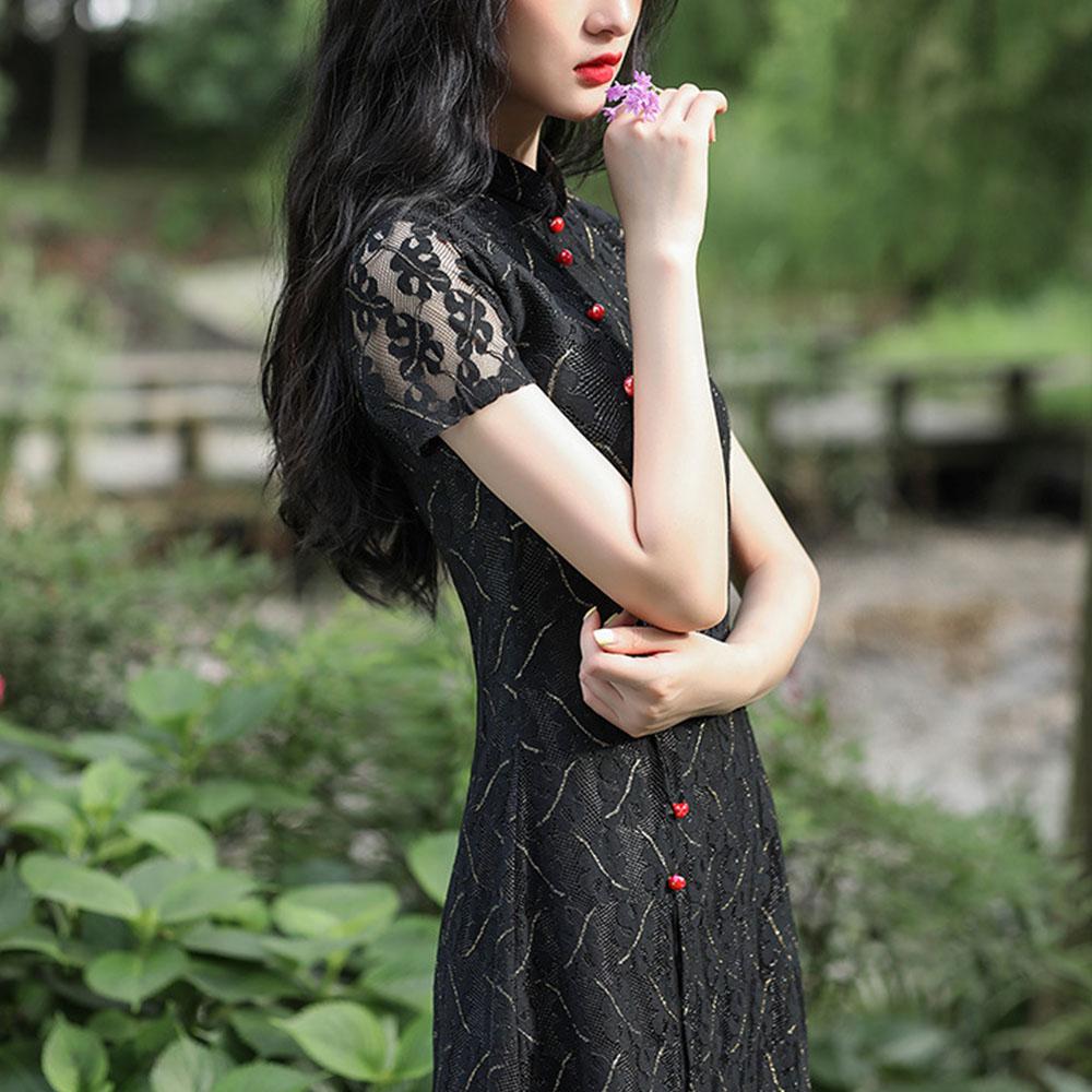 Кружевное повседневное платье Cheongsam средней длины с низким вырезом, облегающее платье больших размеров в китайском стиле Ao Dai
