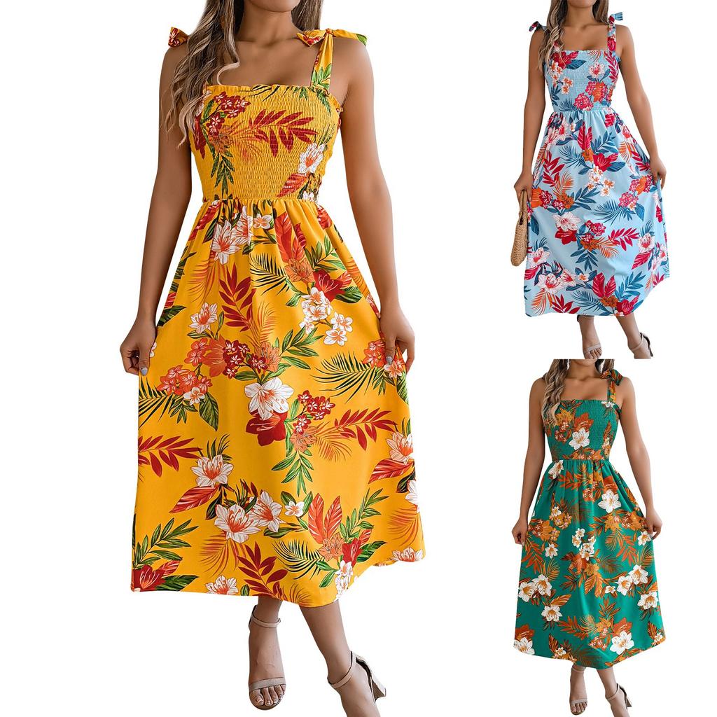Women's Fashion Floral Print Waisted Suspender Dress Holiday Beach Maxi Dress