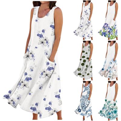 Женское летнее повседневное платье без рукавов с круглым вырезом и карманами