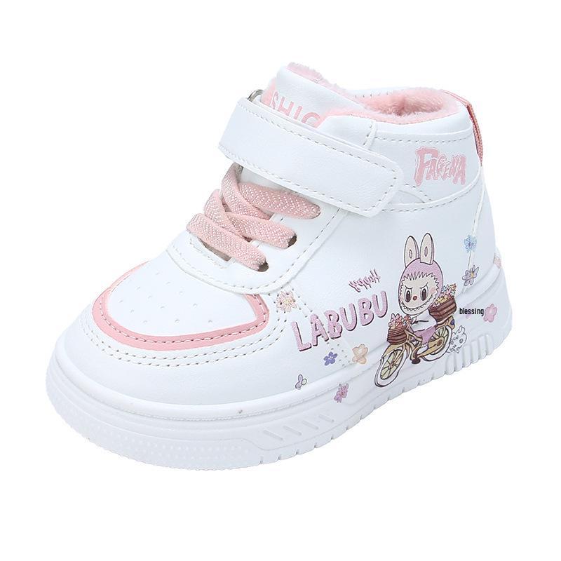 Осень/Зима 2025 Детские кожаные ботинки-кроссовки с мультяшным принтом, средней высоты - Унисекс, Модные белые