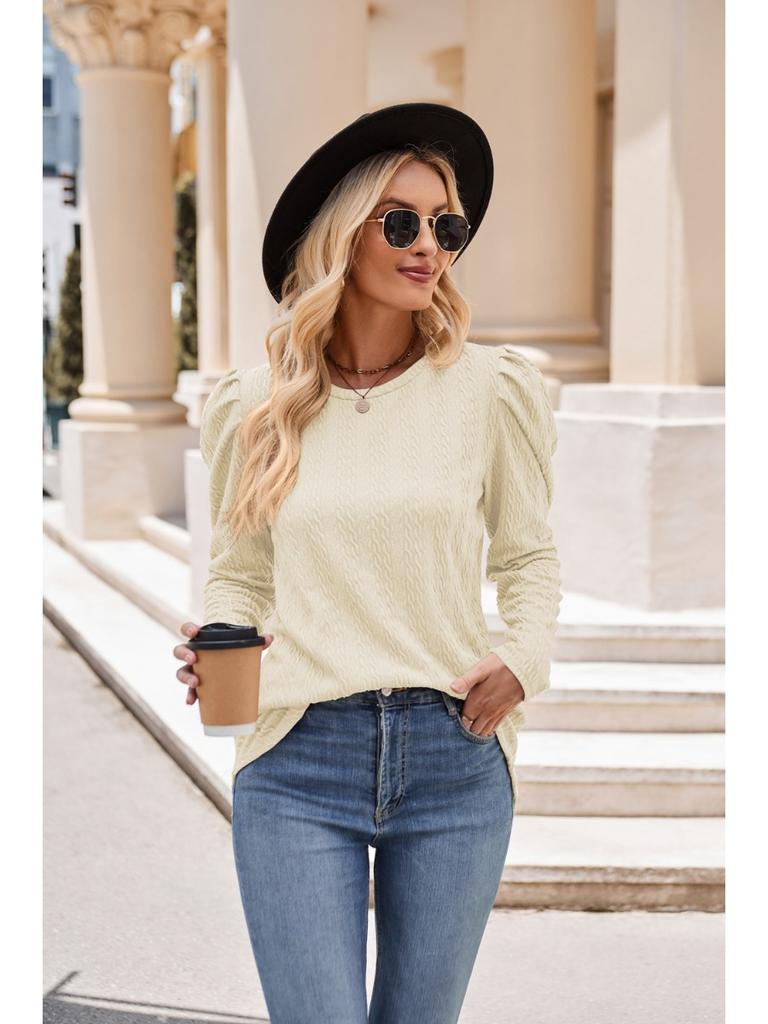 2024 Новая осенняя мода Повседневная круглая горловина однотонная трикотажная жаккардовая женская футболка с рукавами-пузырями и узорами из жареного теста