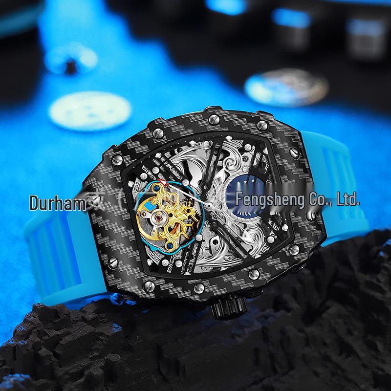 Мужские часы Durham Weida Tonneau Skeleton Tourbillon с автоподзаводом и резиновым ремешком.