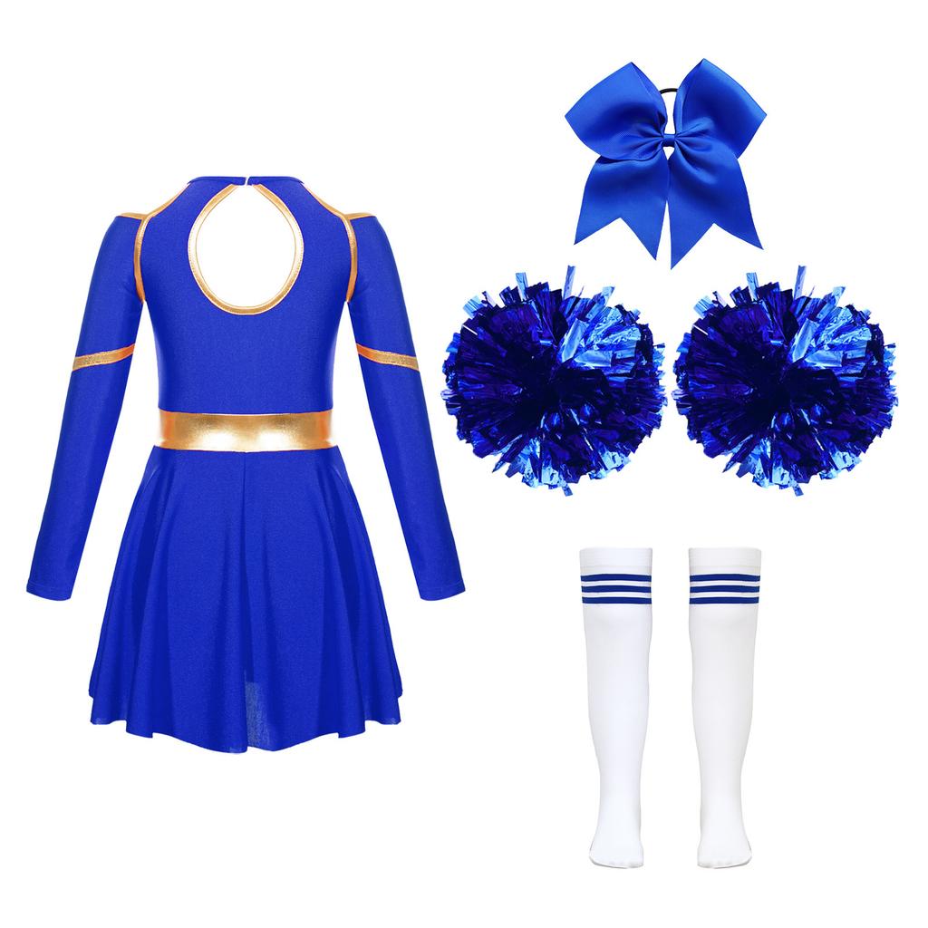 Cheer Leader Halloween Costume for Girls Long Sleeve Dress Outfit with Pom Poms for Cheerleading Dancing