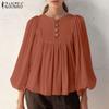 Women's Round Neck Puff Sleeve Long Sleeve Ribbed Pleated A Hem Loose Muscle Solid Color Blouse