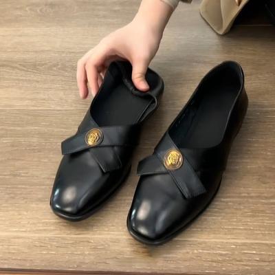 Версия из овчины~ ретро туфли-лодочки с мелким вырезом, женские, с золотыми монетами, квадратный носок, низкий каблук, бабушкины туфли, на одной педали, натуральная кожа, черные