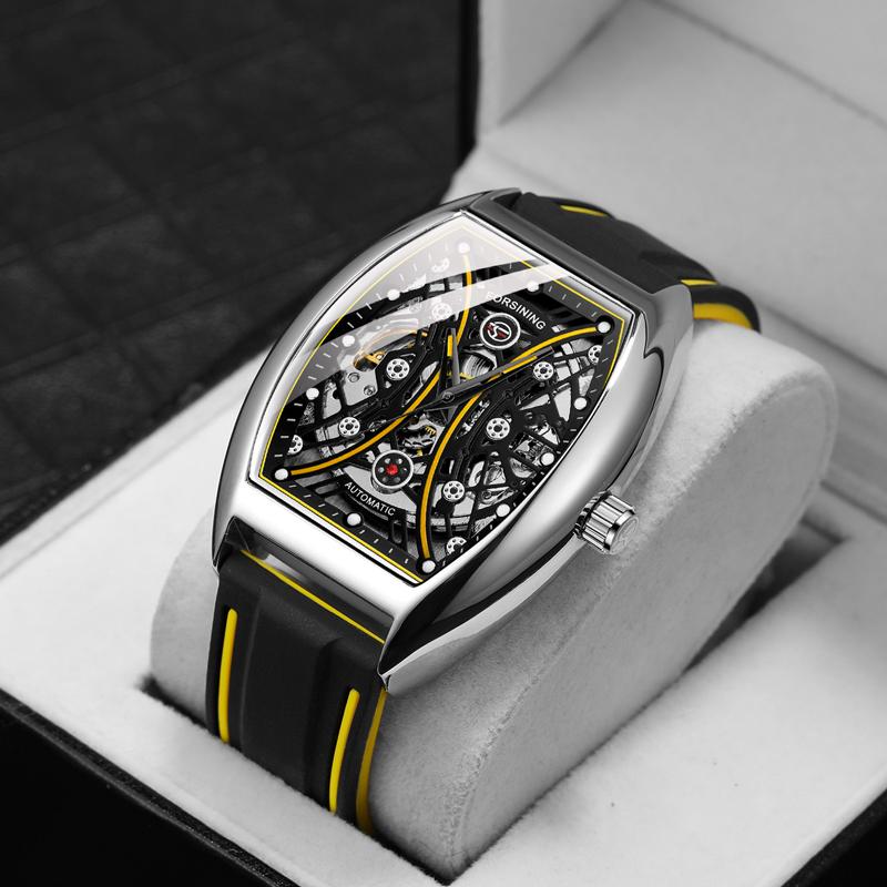 FORSINING Men Automatic Watch Toneau Case Steampunk Skeleton Self Wind Mechanical Wristwatch Silicone Strap Male Sports Casual