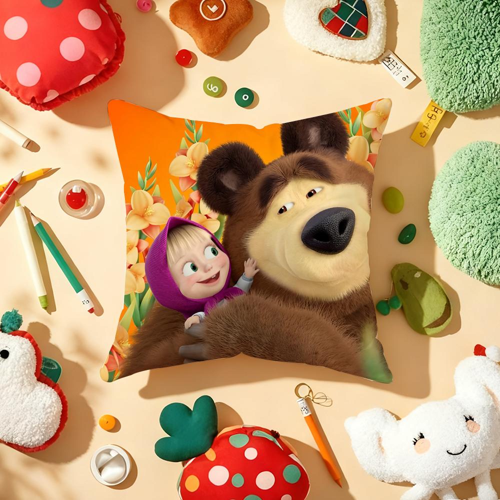 Anime MMasha And The Bear Cushion Cover Plush Fabric Soft DoubleSided Printed Sofa Warm Winter Home Gift Pillow Cover