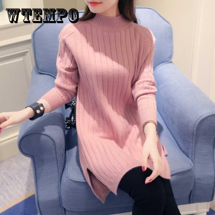 Женское зимне-осеннее трикотажное платье с высоким воротником, вязаный топ, однотонная юбка-свитер, утолщенная