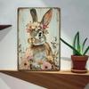 Vintage Bunny with Floral Wreath Metal Tin Sign, Rustic Iron Wall Art for Home, Garden, Gym, Cafe, Garage