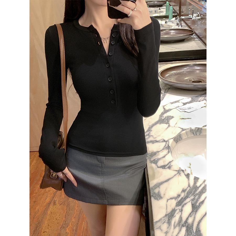 Cute Girl Cropped Long Sleeve T-Shirt Women's New Spring Autumn Tank Top Slim Fit Inner Wear Buttoned Student Top