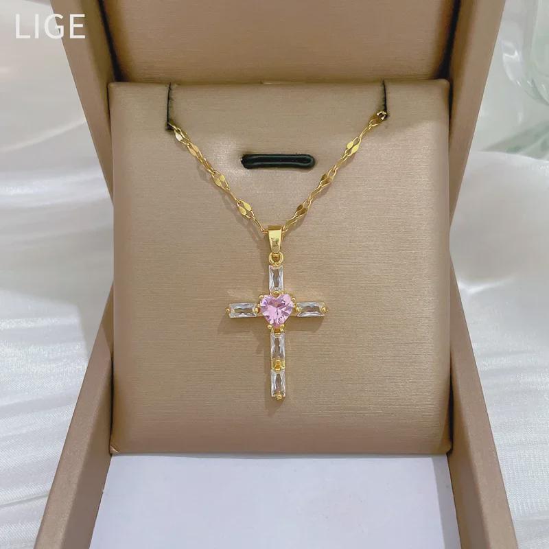 Ожерелье из титановой стали с розовым крестом и сверкающими бриллиантами — элегантная, универсальная цепочка на ключицу для женщин