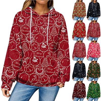 Женская повседневная мода рождественский принт длинный рукав пуловер толстовки с капюшоном свитшоты