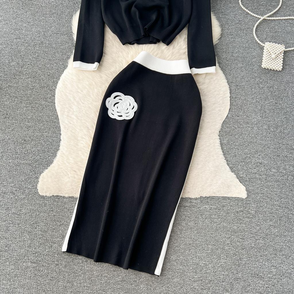 Осенний женский брендовый дизайнерский вязаный свитер с бисером, комплект из двух предметов, пуловер с длинными рукавами, топ и тонкая облегающая юбка-футляр, наряды