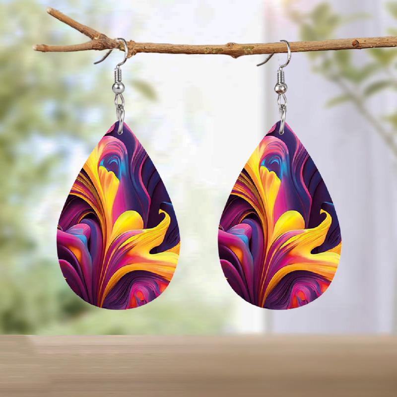 Fashion Color PU Faux Leather Earrings for Women Double-sided Print Abstract Flower Leather Pattern Tears Earrings Elegant Trendy Earrings Jewelry